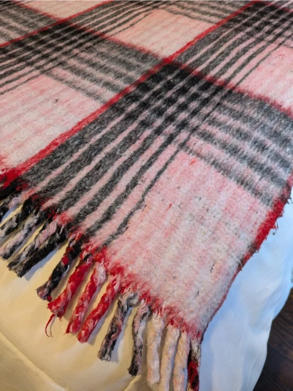 Vtg Plaid Woven Yoga Blanket Throw Reversible Poly Blend Fringe Red Black 59x79